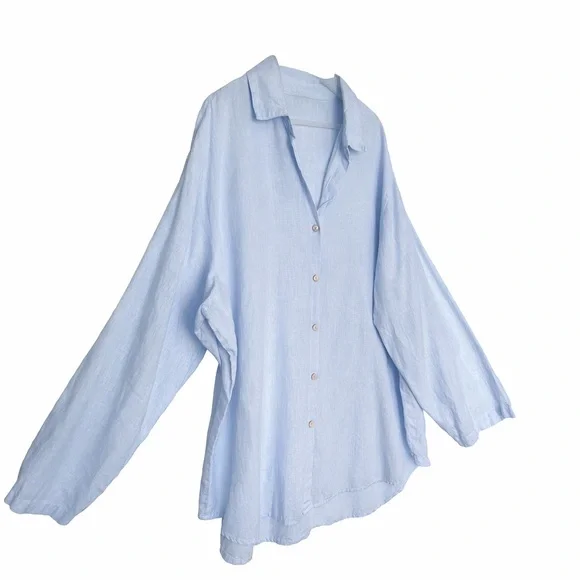 Soft Surroundings Linen Button Front Tunic Top Light Blue Women’s 1X Plus Size - Picture 2 of 9